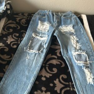 High Waist Light Wash Distresses Mom Jeans